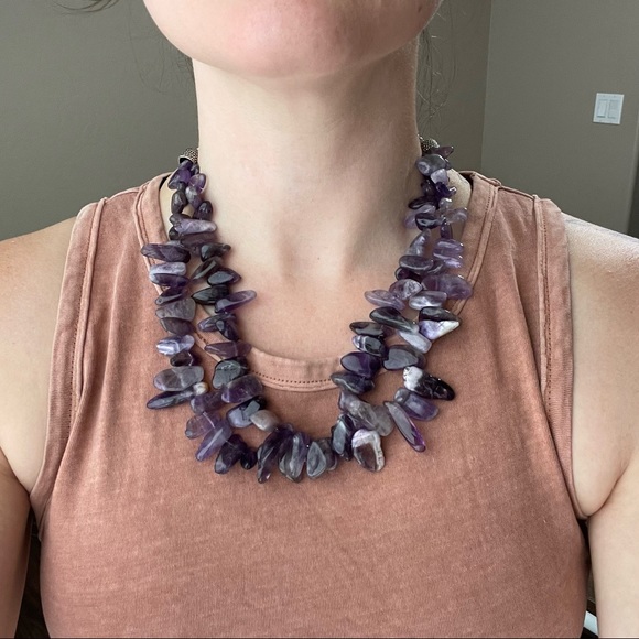 Amethyst statement silver necklace raw gemstone free form shard double strand - Picture 6 of 6